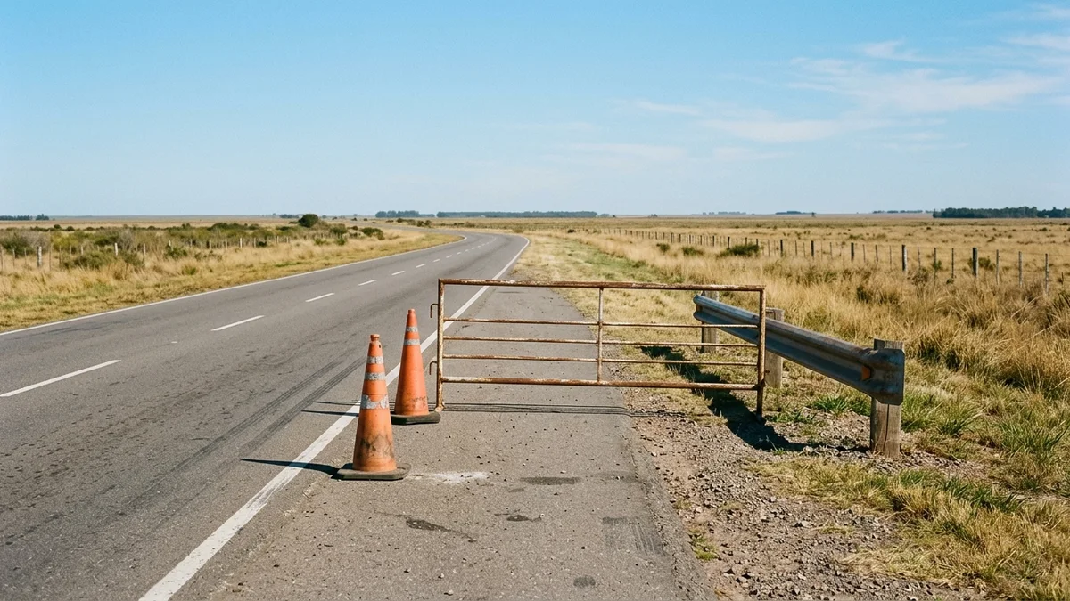 Puesto de control vacío al costado de una ruta de llanura, con conos naranjas y una valla baja sobre el asfalto a media mañana.