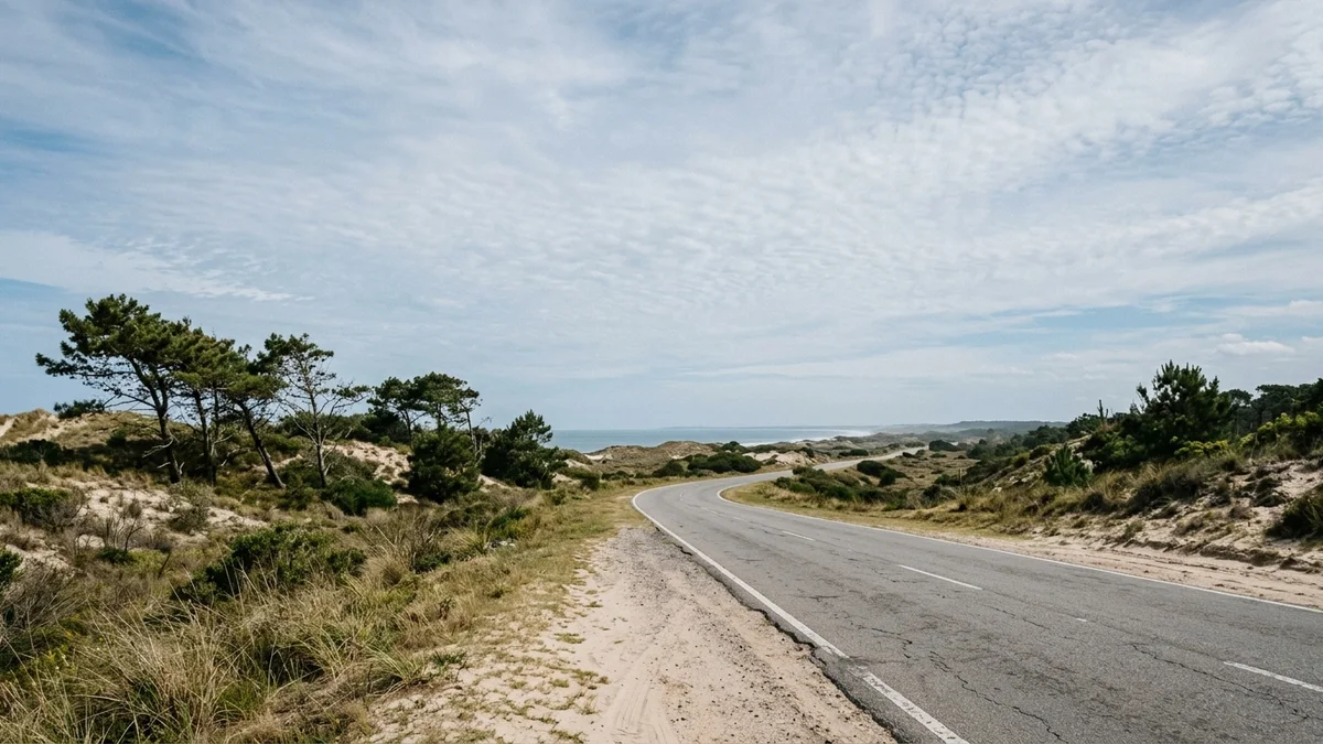 Ruta costera bonaerense de dos manos que se curva entre médanos bajos, pastizal y pinos inclinados por el viento, con el mar al fondo bajo luz de mañana.