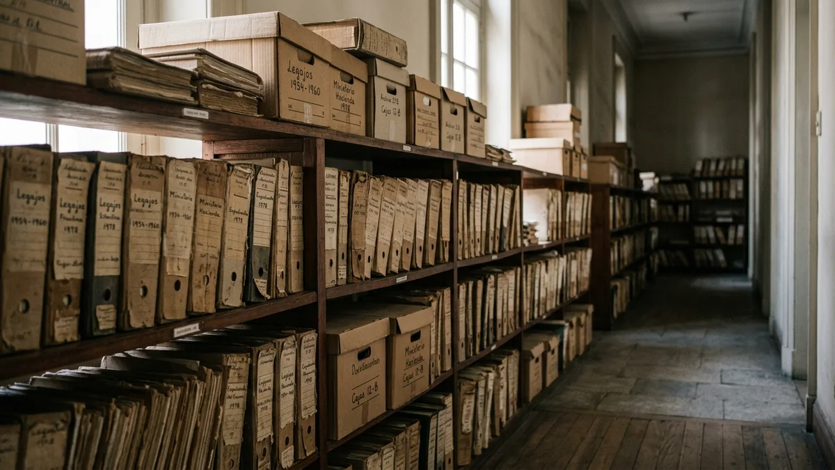 Estante de archivo con carpetas de cartón gastadas y cajas apiladas en un pasillo de oficina, iluminadas por luz natural lateral.