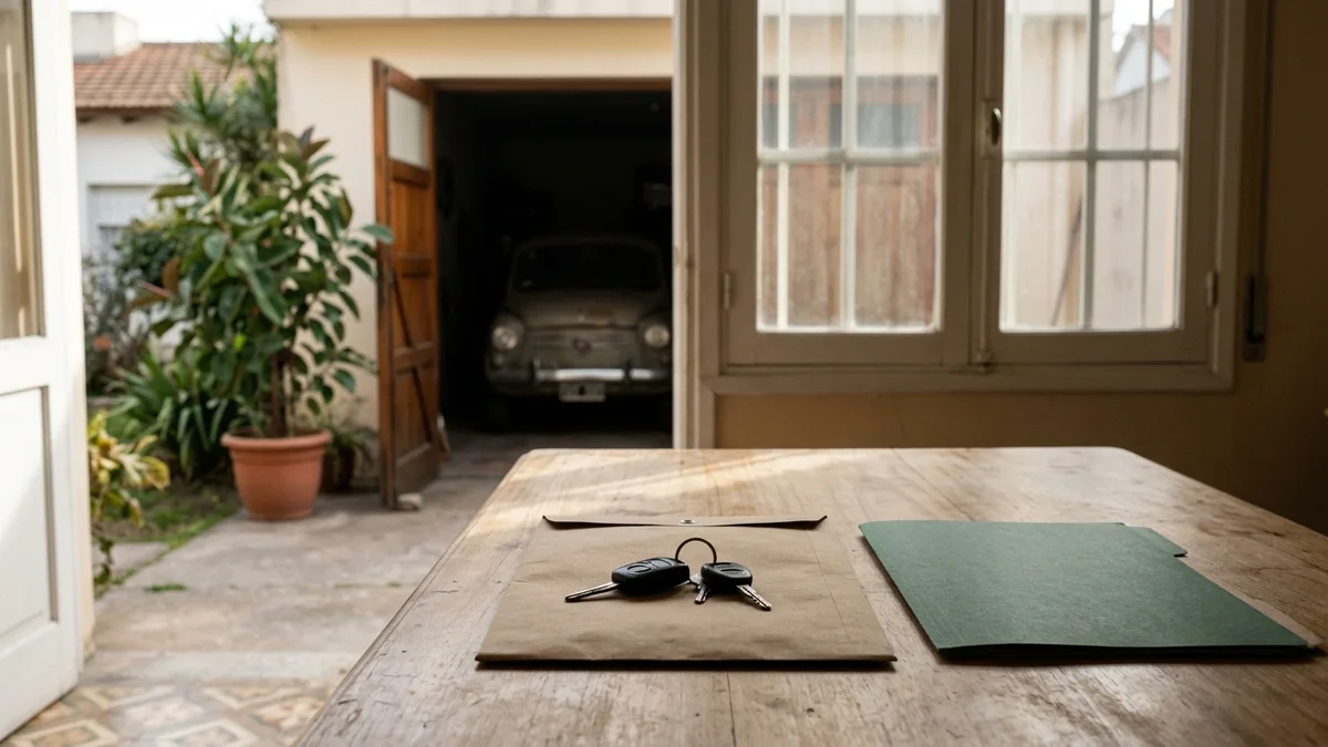 Llaves de auto sobre un sobre cerrado en una mesa de madera junto a la ventana, con una cochera familiar desenfocada al fondo.