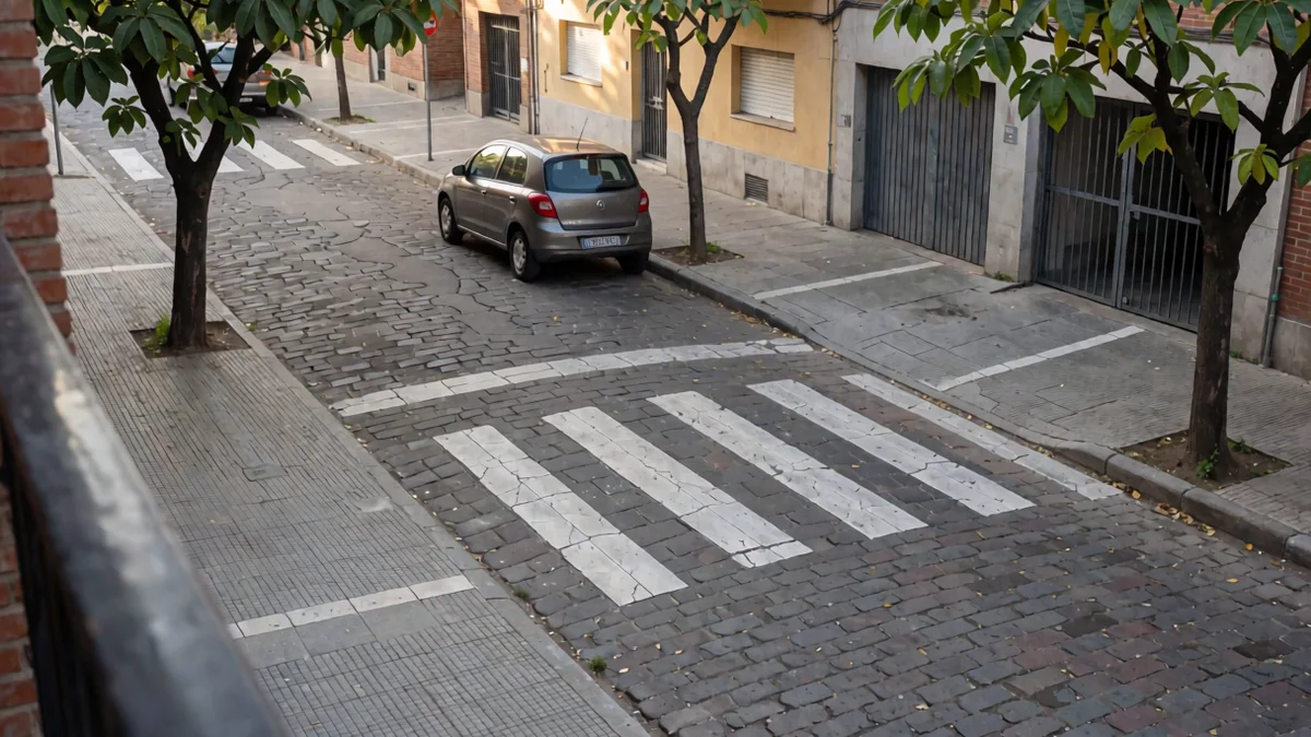 Esquina con ochava de un barrio porteño vista desde un balcón, con senda peatonal, un auto estacionado a mitad de cuadra y un portón de garaje libre