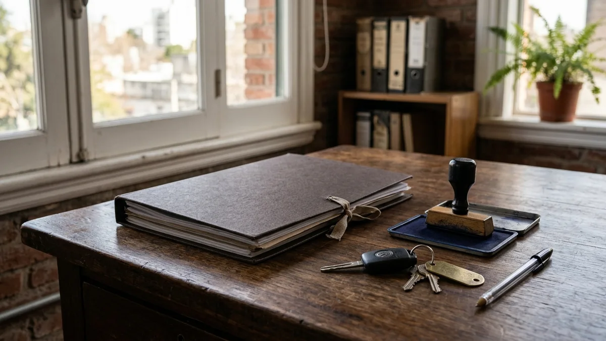 Escritorio de madera con una carpeta de documentos cerrada, un sello, llaves de auto y luz natural que entra por una ventana.