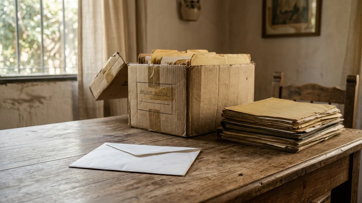 Sobre blanco cerrado sobre una mesa de madera, junto a una caja de archivo gastada con carpetas de papel amarillento.