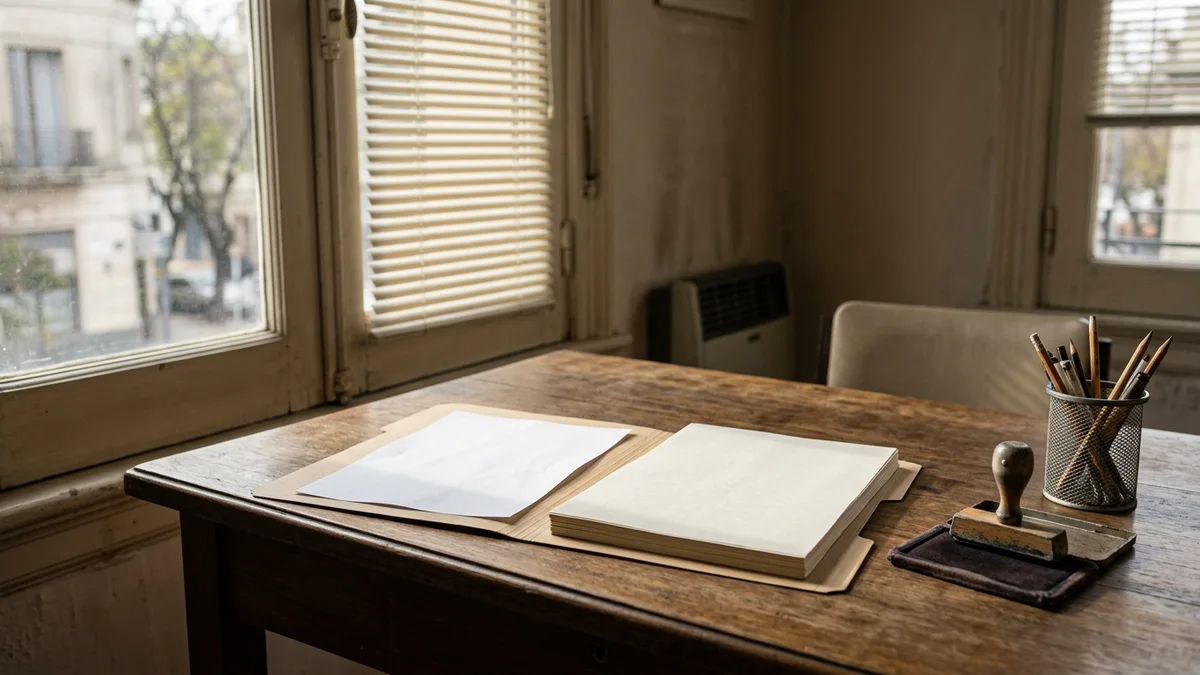 Escritorio de madera junto a una ventana, con una carpeta abierta de hojas en blanco y un sello de goma apoyado al lado de su almohadilla, bajo luz natural.