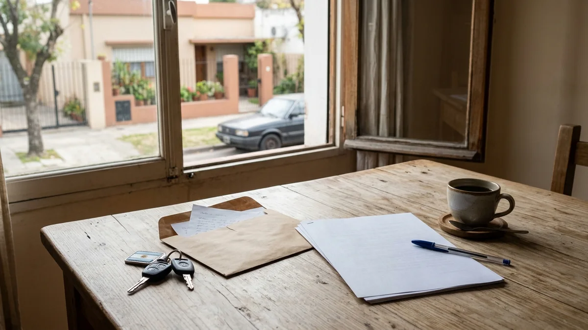 Mesa de madera junto a una ventana con llaves de auto, un sobre abierto, hojas impresas boca abajo y una taza de café, con luz natural de mañana.