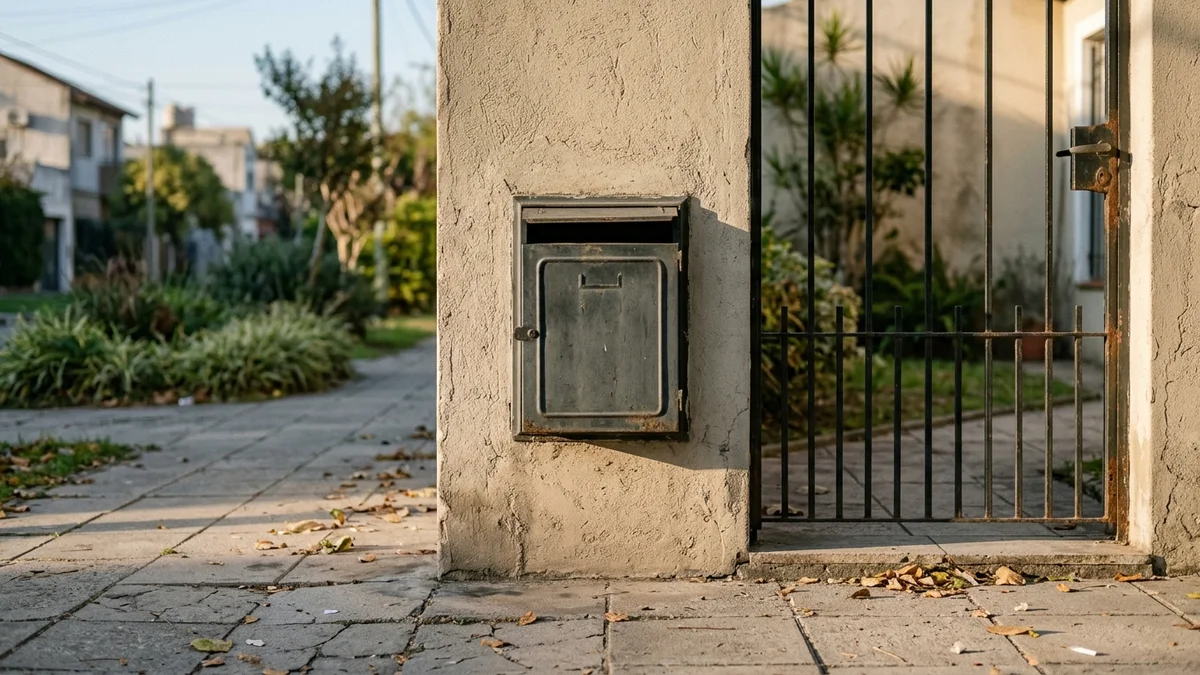 Buzón de correo de chapa entreabierto y vacío sobre un muro revocado en la vereda de un barrio, con luz suave de la mañana.