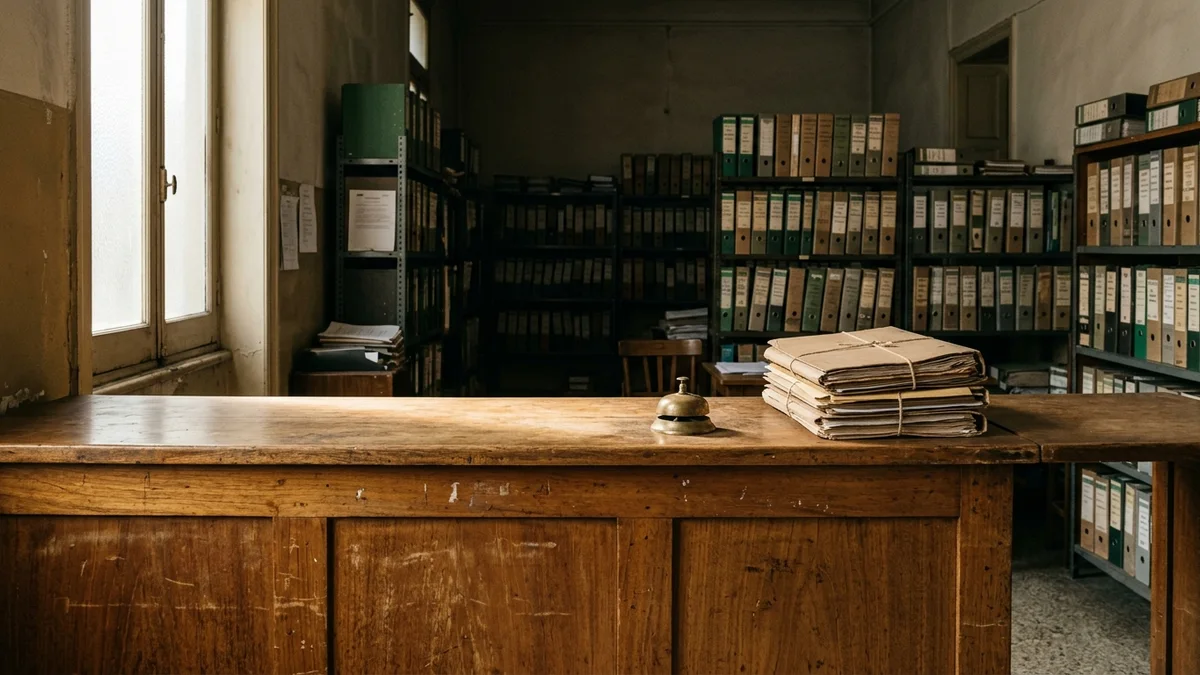 Mostrador de madera vacío en una oficina pública, con carpetas de cartón apiladas y estanterías de archivo al fondo bajo luz natural.