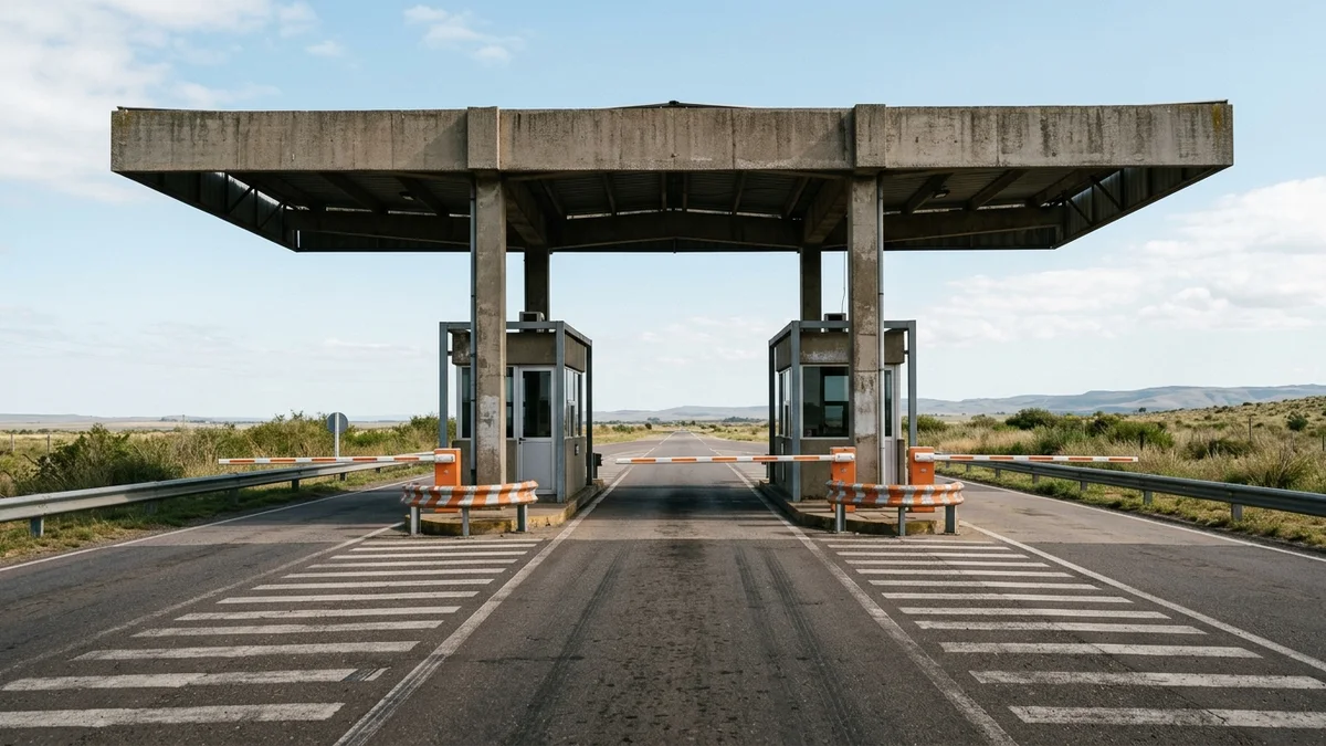 Dos carriles contiguos e idénticos de una estación de peaje bajo la misma cubierta de hormigón, con sombras paralelas sobre el asfalto a media mañana.