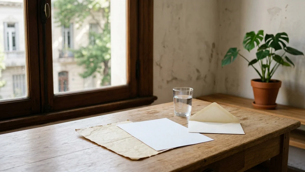 Dos hojas de papel en blanco sobre un escritorio de madera junto a una ventana: una arrugada y amarillenta, la otra lisa y recién impresa.