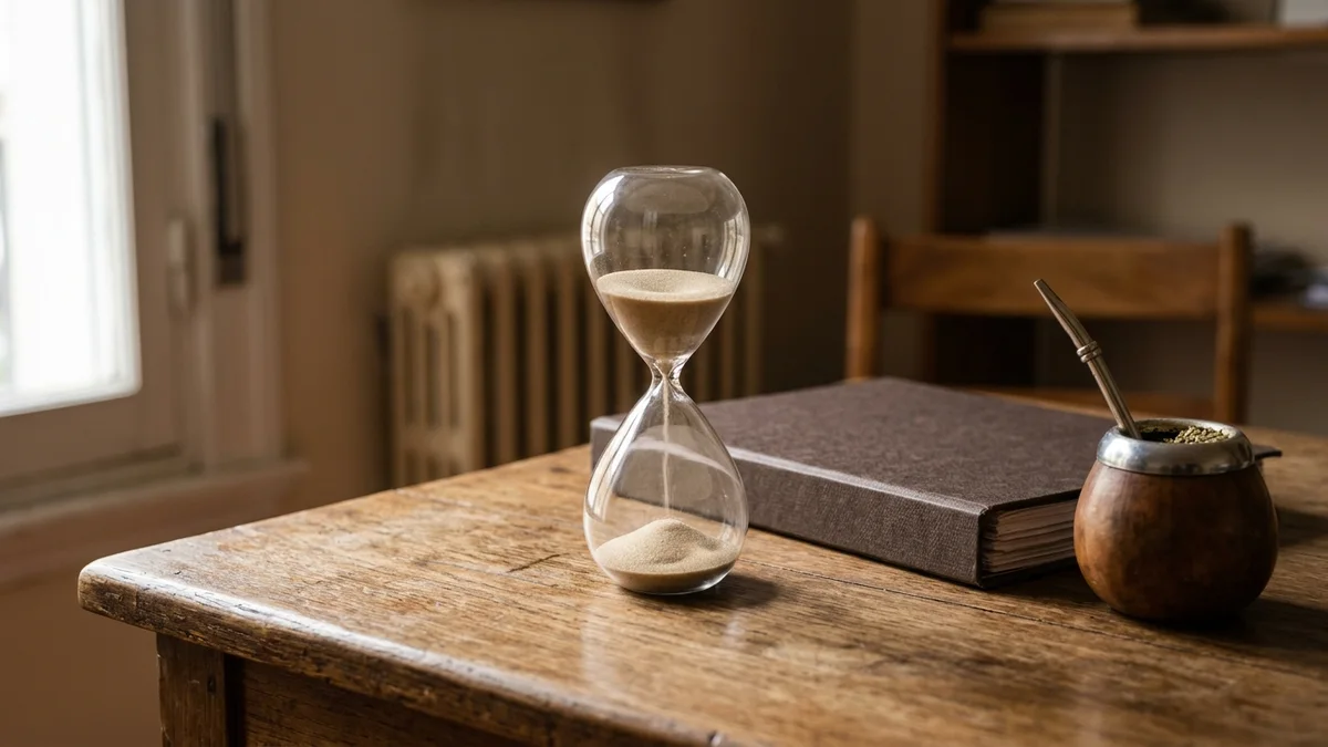 Reloj de arena sobre un escritorio de madera junto a una carpeta cerrada y un mate, con luz natural de ventana.