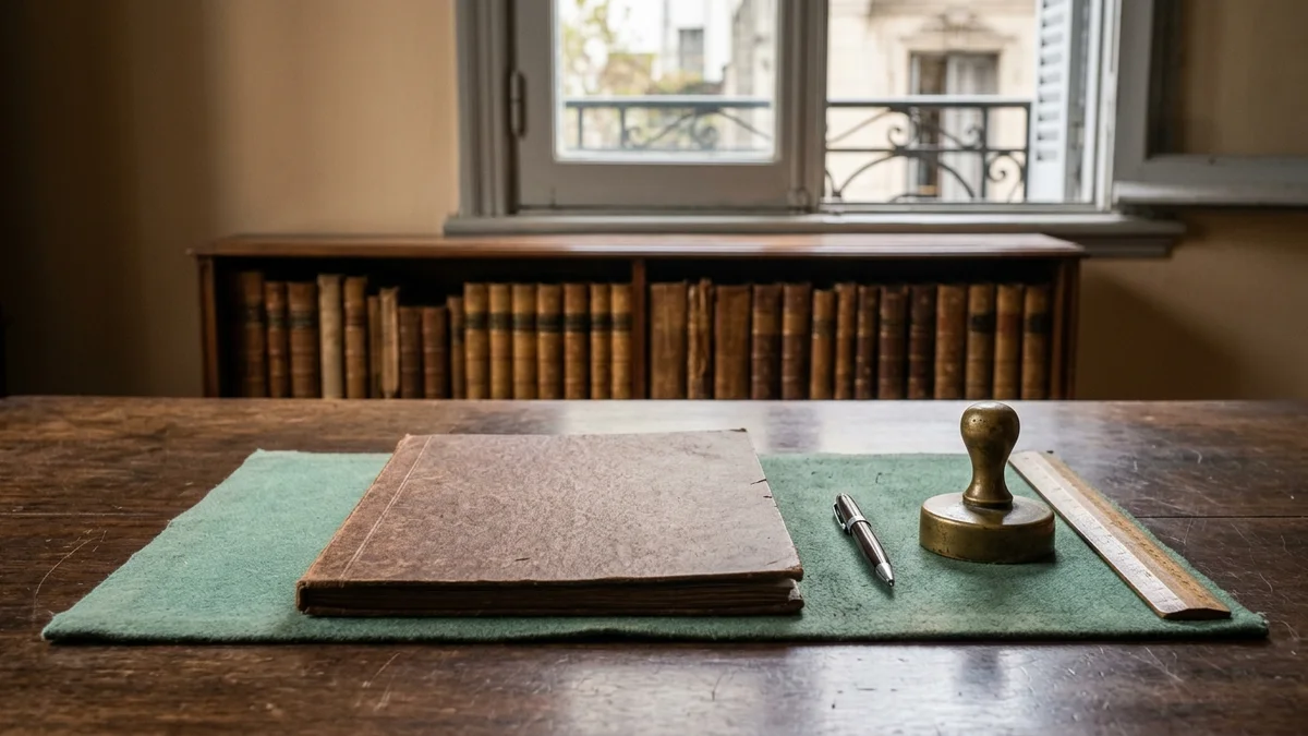 Escritorio de madera oscura con una carpeta cerrada, una lapicera y un sello de bronce, junto a una biblioteca desenfocada con luz natural.