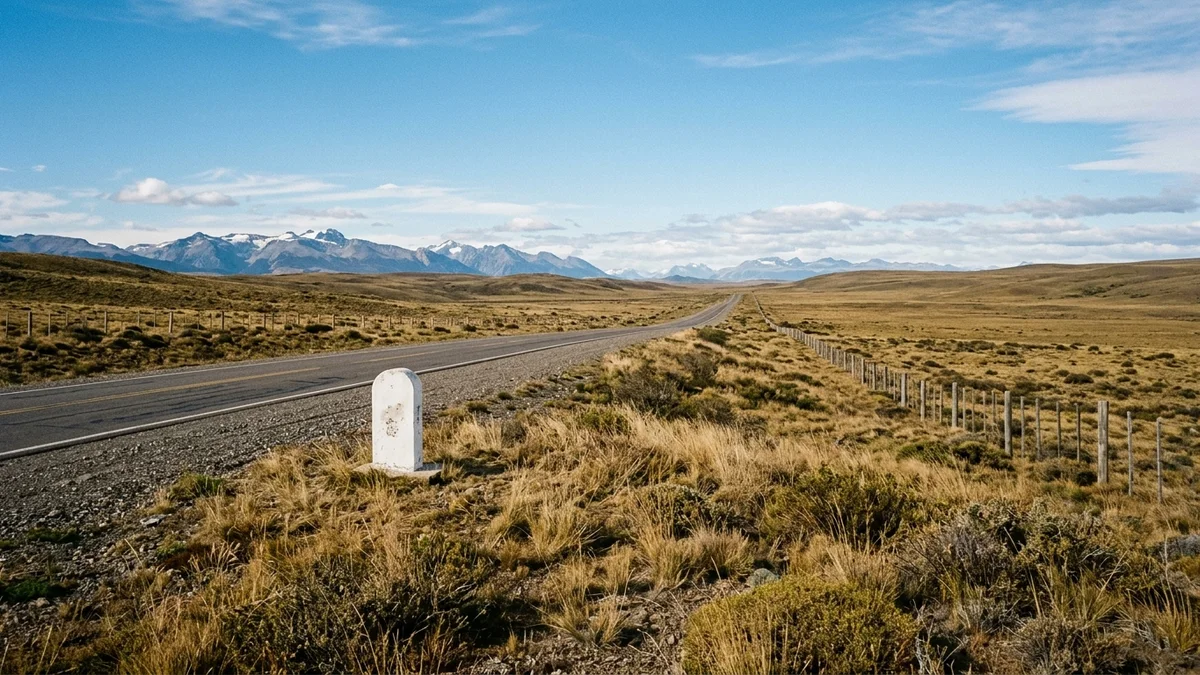 Ruta pavimentada que cruza un pastizal patagónico vista desde una loma, con un mojón de hormigón blanco al costado y postes de alambrado hacia el horizonte.