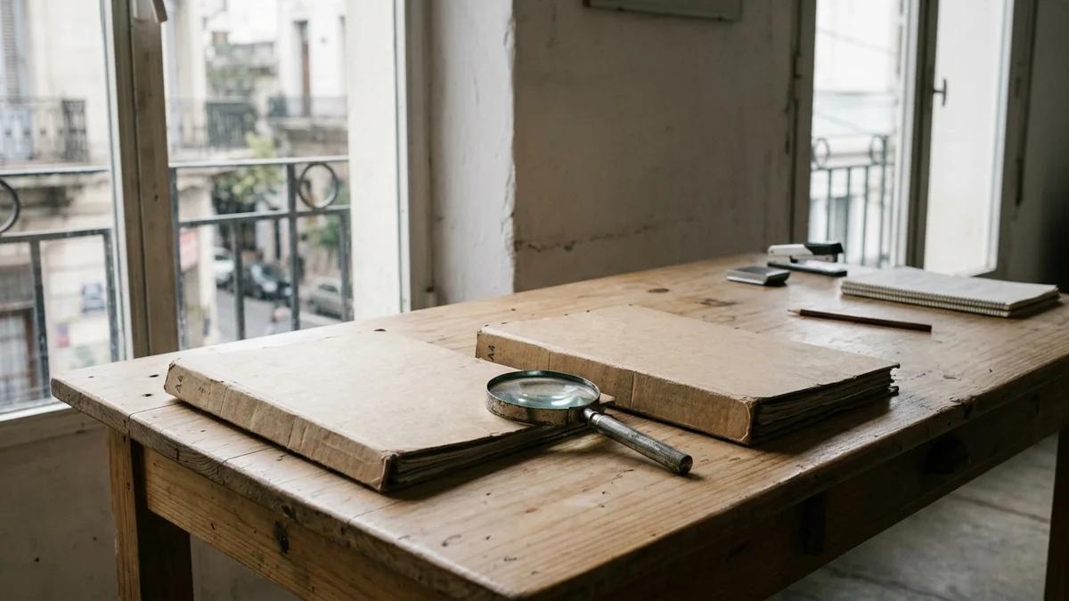 Dos carpetas de cartón idénticas y una lupa metálica sobre un escritorio de madera junto a una ventana con luz natural.