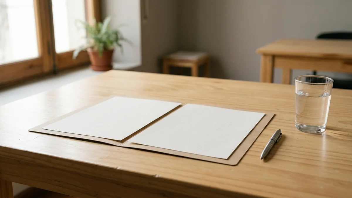 Dos hojas de papel en blanco lado a lado sobre una carpeta beige en un escritorio de madera, con luz natural de una ventana lateral.