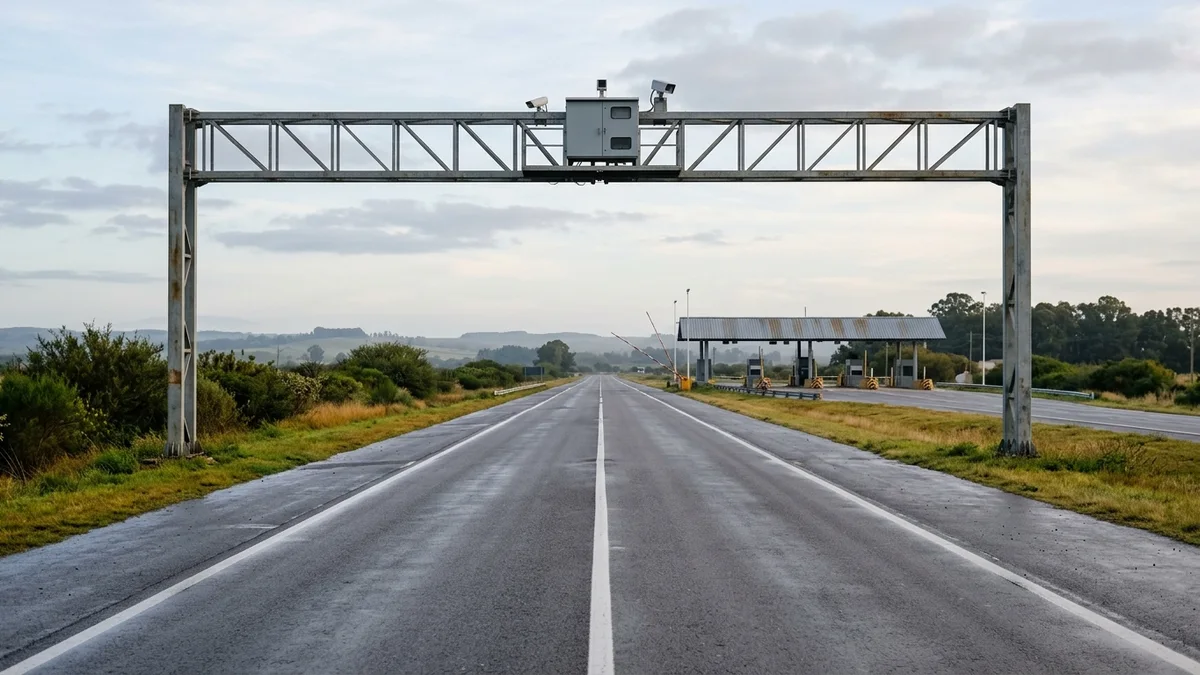 Pórtico metálico sobre una autopista al amanecer, con un equipo de control montado en el travesaño y una isleta de peaje vacía al fondo.