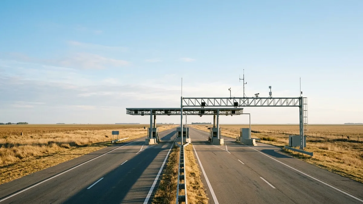 Estación de peaje vacía en una autopista de llanura, con el pórtico metálico y sus cámaras recortados contra un cielo despejado al amanecer.