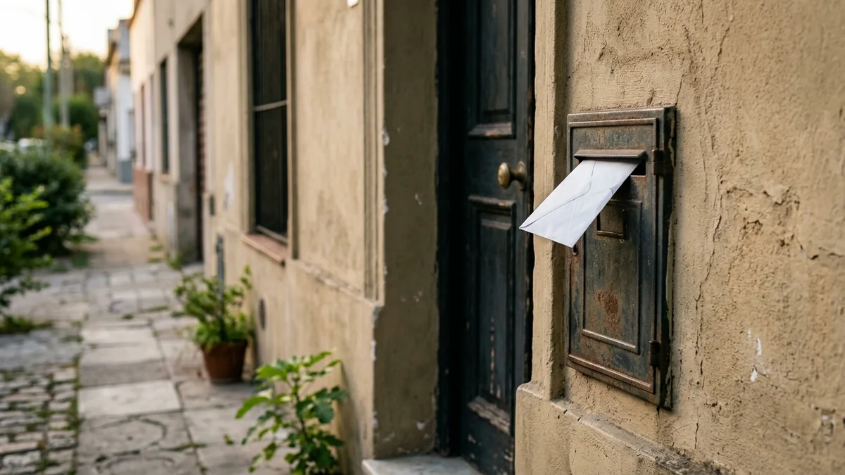 Buzón metálico junto a la puerta de una casa con un sobre de papel asomando bajo la luz de la mañana.