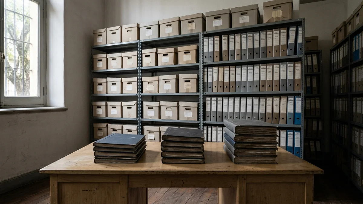 Estantería de archivo con cajas y carpetas neutras, y sobre una mesa de madera tres pilas de carpetas de distinto grosor bajo luz natural.