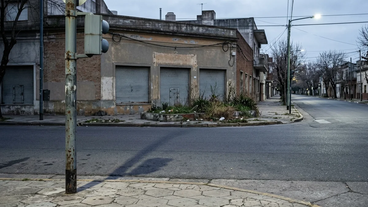 Esquina de avenida vacía al amanecer: un poste de control gris en primer plano y, al fondo, una oficina de barrio con las persianas cerradas.
