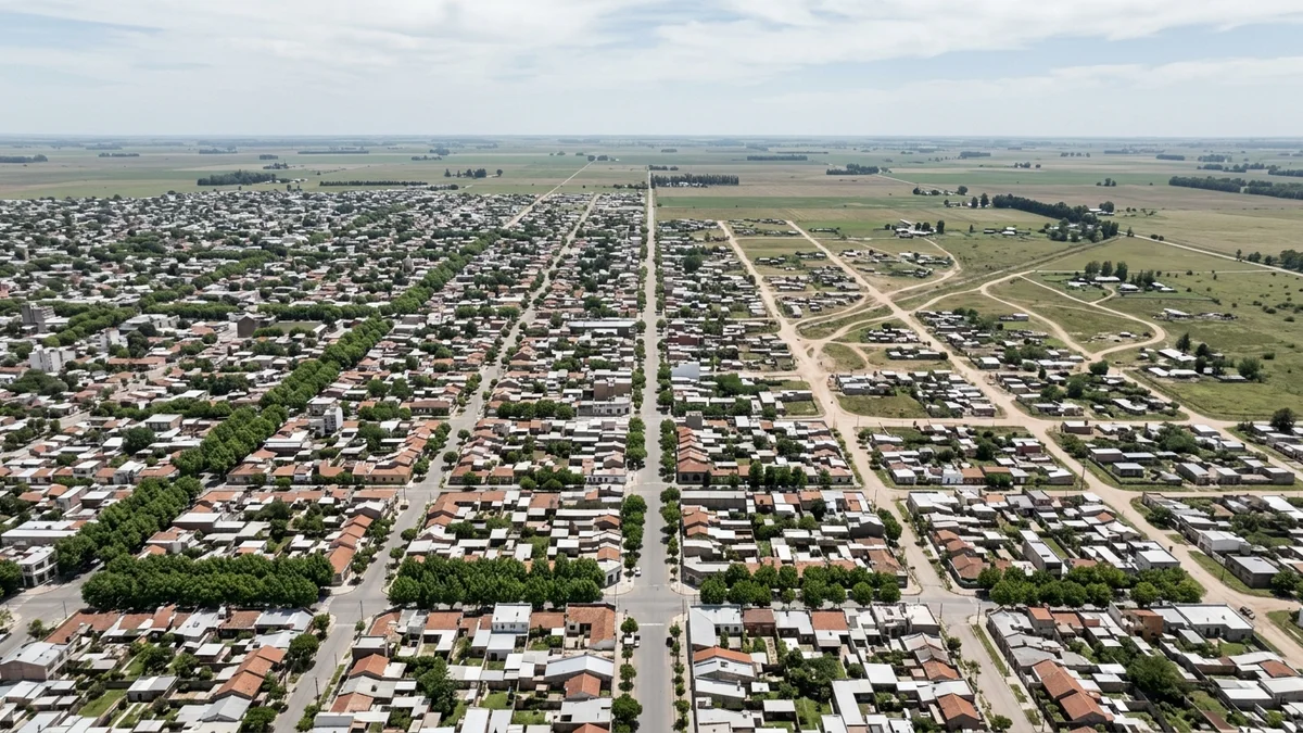 Vista elevada de una ciudad argentina: manzanas regulares con avenidas arboladas en primer plano y, al fondo, calles de tierra irregulares en el borde urbano.