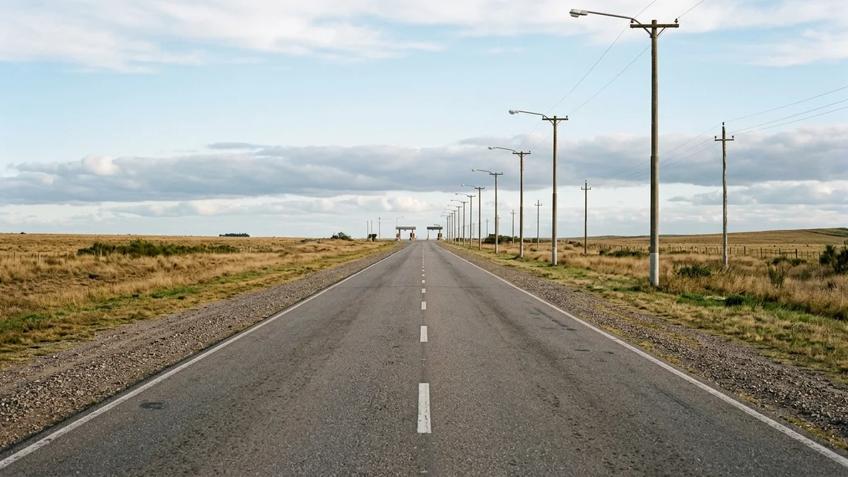 Ruta recta con banquina de ripio y postes de alumbrado alineados, y dos cabinas de peaje vacías a lo lejos bajo luz de tarde.