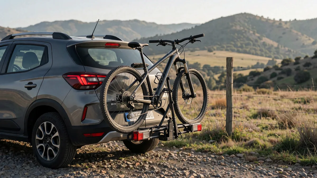 Utilitario gris estacionado en un camino de ripio serrano, visto desde atrás, con un portabicicletas en el enganche y dos bicicletas de montaña