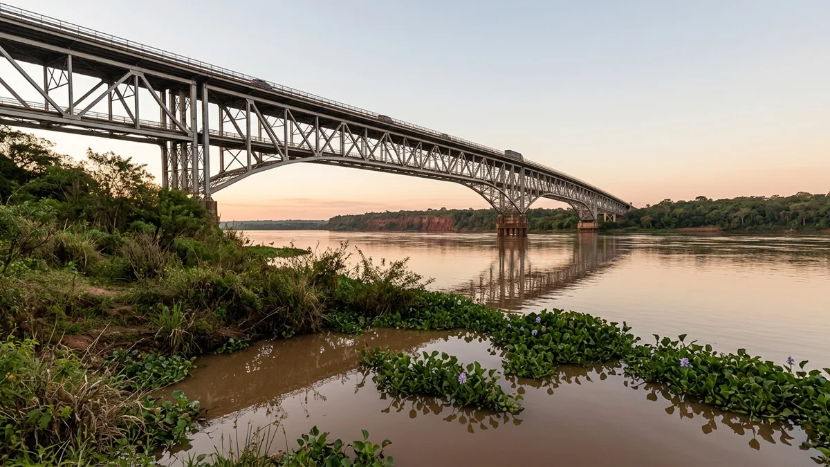 Puente carretero metálico sobre un río ancho del litoral argentino al amanecer, visto desde la costa con vegetación ribereña en primer plano.