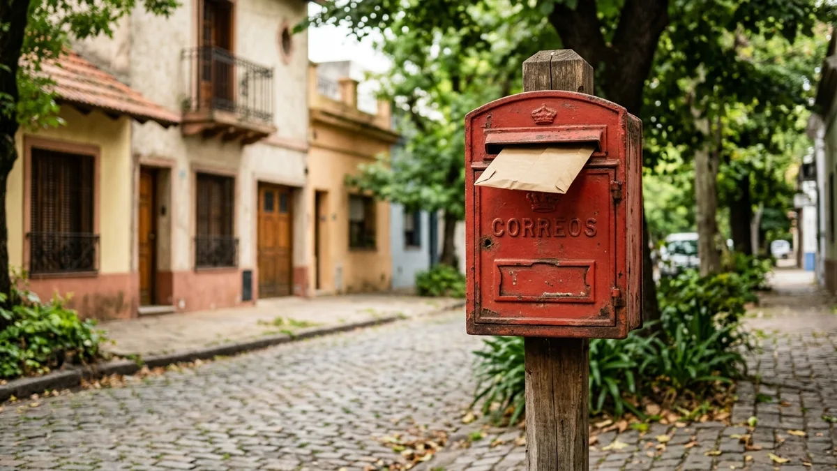 Buzón rojo antiguo en una vereda arbolada con un sobre de papel asomando a medio entregar.