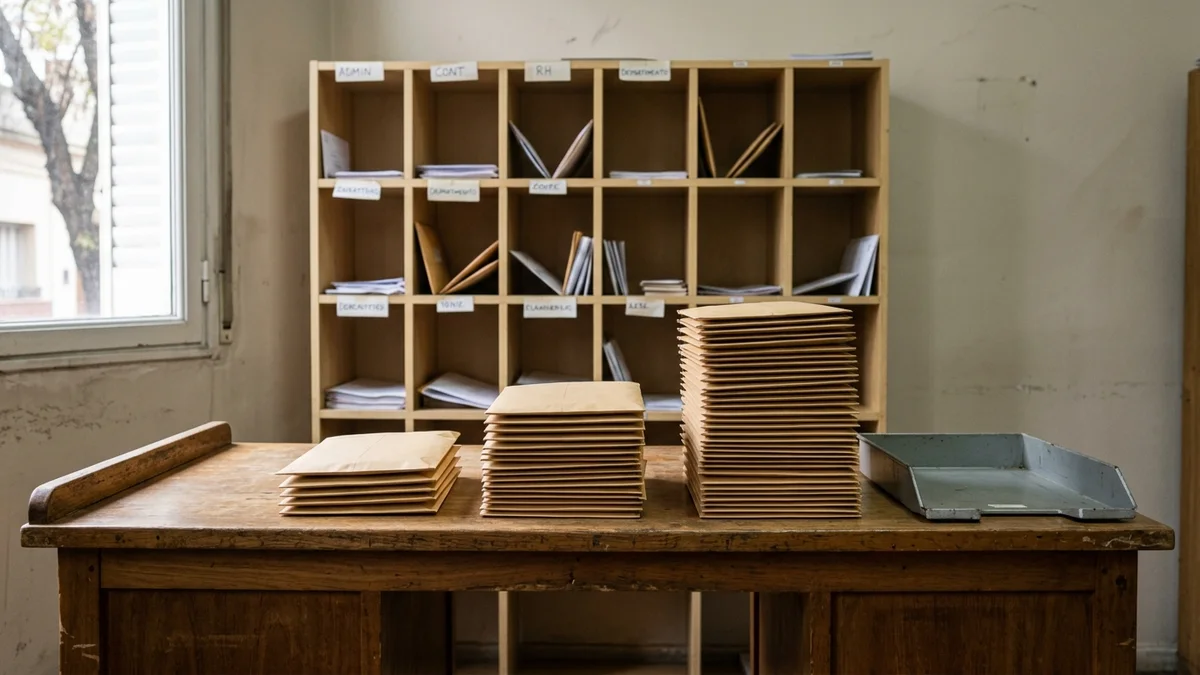 Mesa de oficina con sobres de papel madera separados en tres pilas frente a un mueble de casilleros de madera, con luz natural lateral.