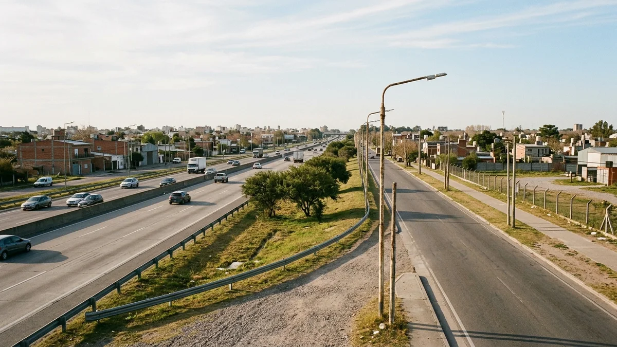 Autopista bonaerense y su colectora paralela separadas por una barrera metálica y una franja de pasto con árboles, bajo luz de tarde.
