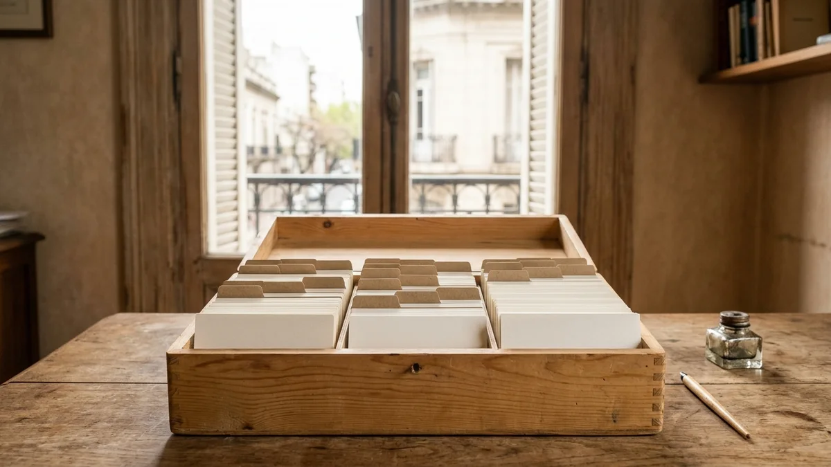 Fichero de madera abierto sobre un escritorio, con fichas de cartulina en blanco alineadas entre separadores de cartón, bajo luz natural.