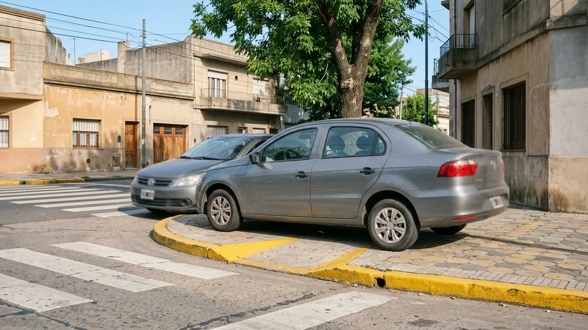 Auto gris estacionado sobre la ochava de una esquina argentina, junto a un cordón amarillo, con luz de mañana