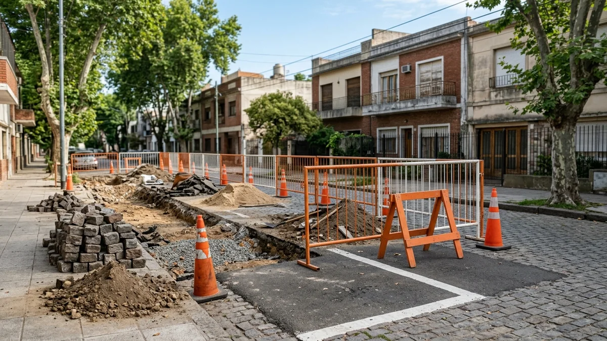 Calle de barrio con un tramo de calzada levantado, vallas metálicas y conos naranjas junto al cordón, bajo luz natural de media mañana.