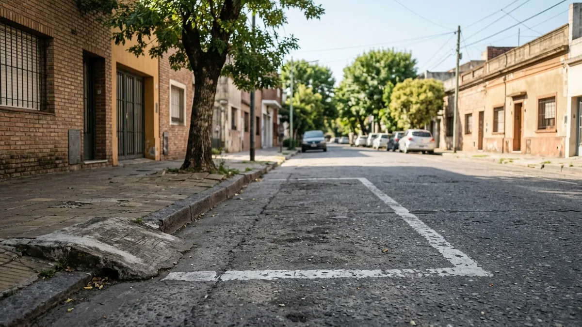 Espacio de estacionamiento vacío junto al cordón, con la pintura del delimitado gastada y una rampa de hormigón en la esquina, bajo luz de media mañana.