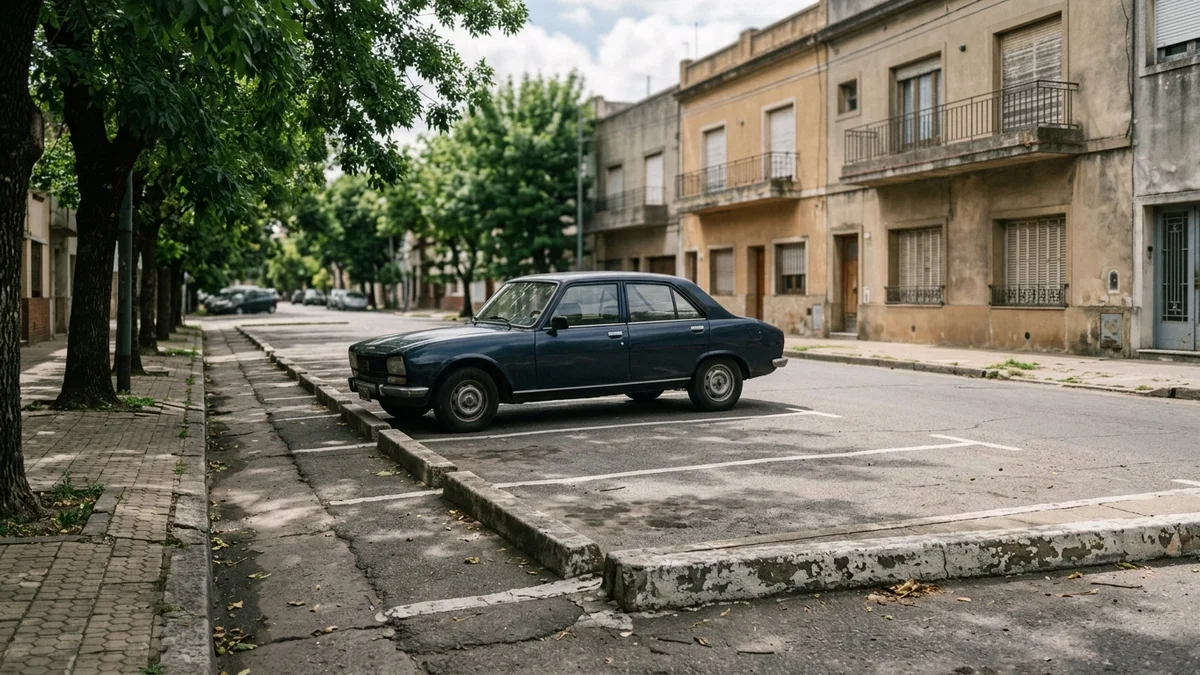 Calle urbana argentina a media mañana con espacios de estacionamiento demarcados junto al cordón y un sedán oscuro detenido bajo la sombra de los árboles.