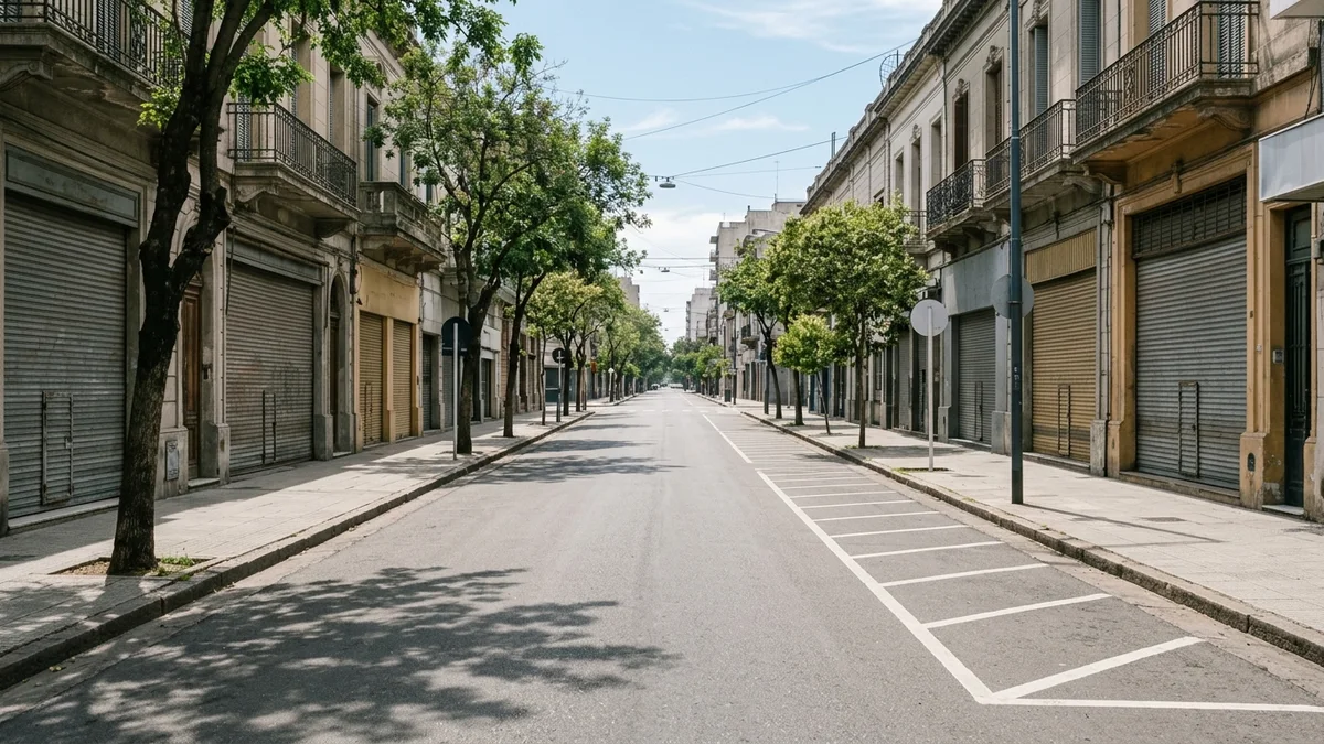 Calle céntrica argentina vacía con cajones de estacionamiento demarcados en el asfalto y persianas bajas, bajo luz natural de la mañana.