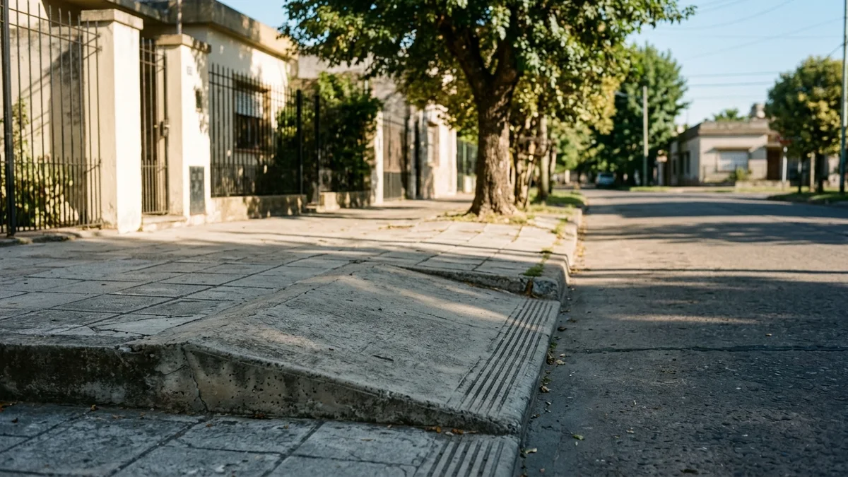 Rebaje de vereda de hormigón que baja hasta el asfalto en una calle residencial, con baldosas grises gastadas y la sombra de un árbol.
