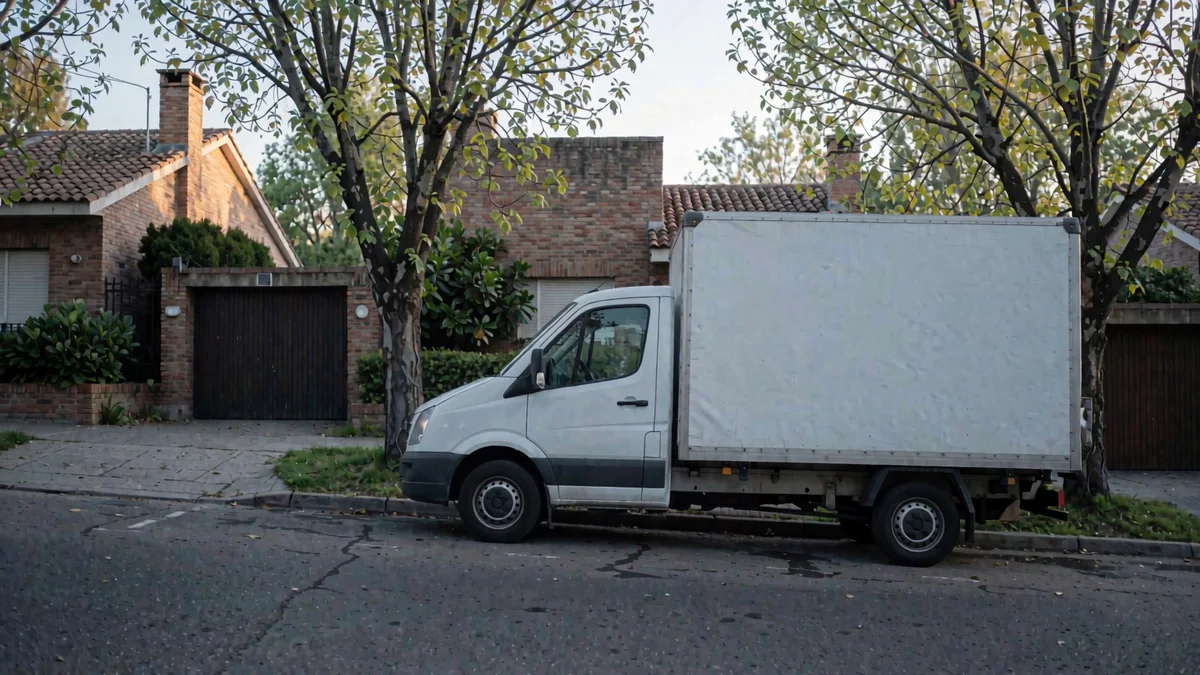 Camión mediano de caja cerrada estacionado de costado junto al cordón de una calle residencial arbolada en pendiente, con una cuña de madera en la rueda trasera