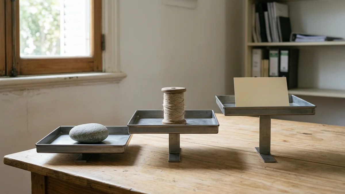 Tres bandejas de metal separadas y a distinta altura sobre un escritorio de madera, cada una con un objeto liso diferente y luz natural lateral.