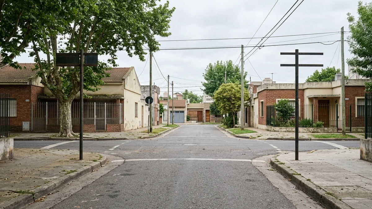 Esquina de casas bajas del conurbano bonaerense con dos carteles de calle vacíos e idénticos en veredas opuestas, bajo luz natural.