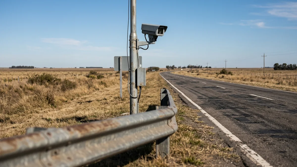 Poste metálico de control vial con una carcasa gris de cámara apuntando a una ruta de llanura, con pastizal seco y luz natural.