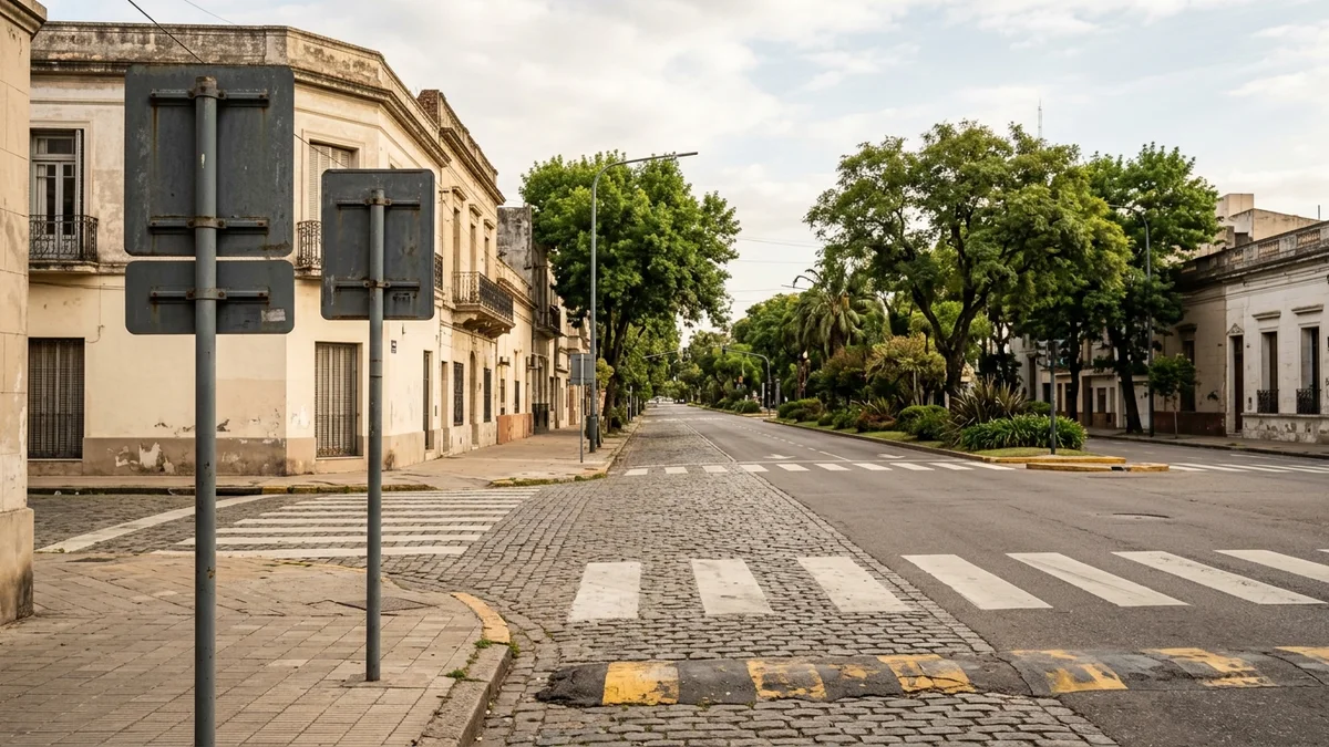 Esquina de barrio argentino donde una calle angosta empalma con una avenida arbolada, con senda peatonal pintada y calzada vacía