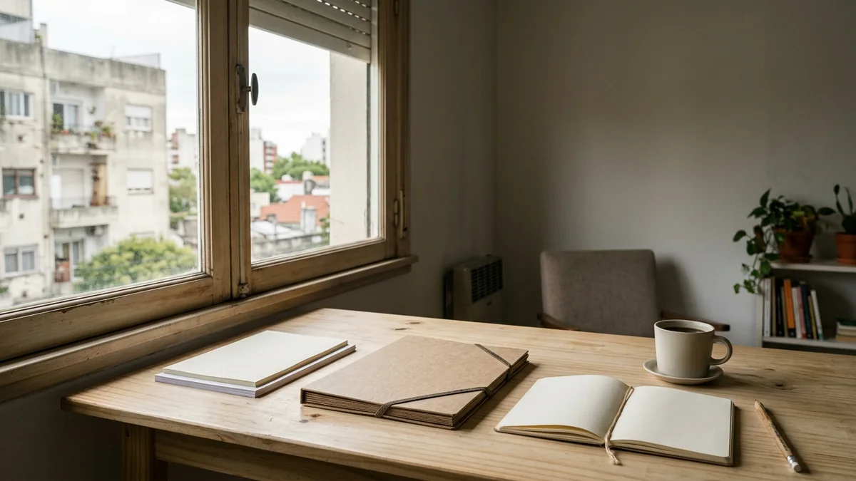 Carpeta de cartón cerrada con elástico sobre un escritorio de madera junto a una ventana, con papeles, un cuaderno abierto en blanco y luz natural de mañana.
