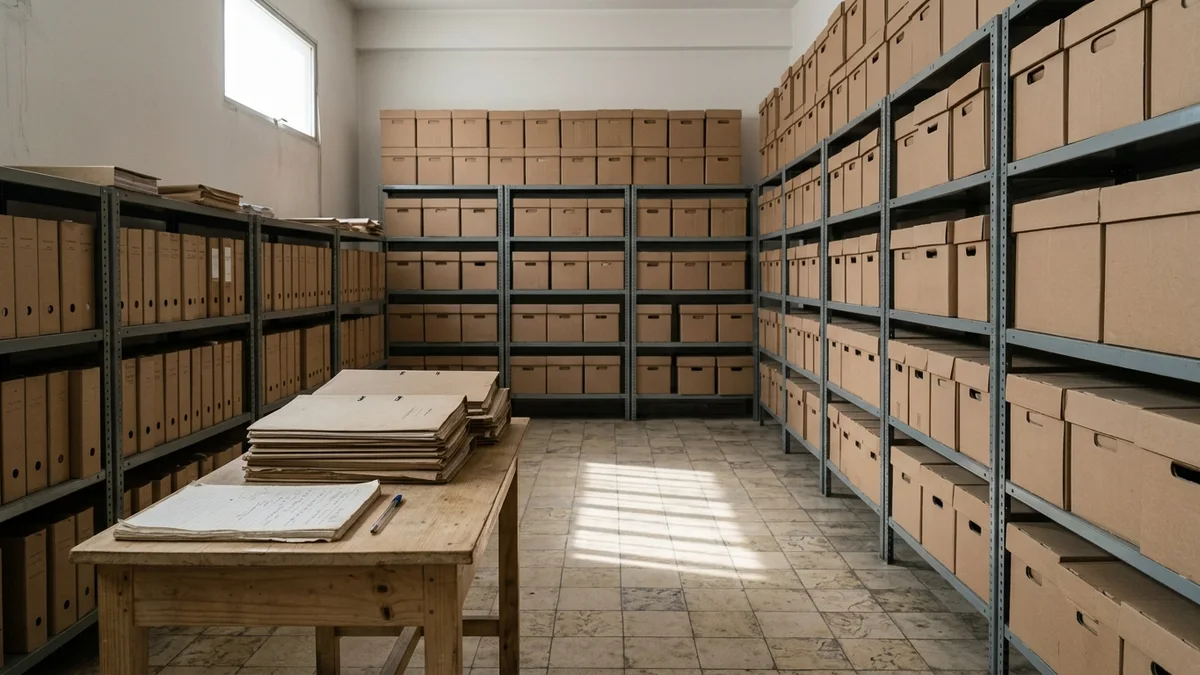 Sala de archivo con estanterías metálicas grises, cajas de cartón lisas apiladas y carpetas sobre una mesa de madera, iluminadas por una ventana lateral.