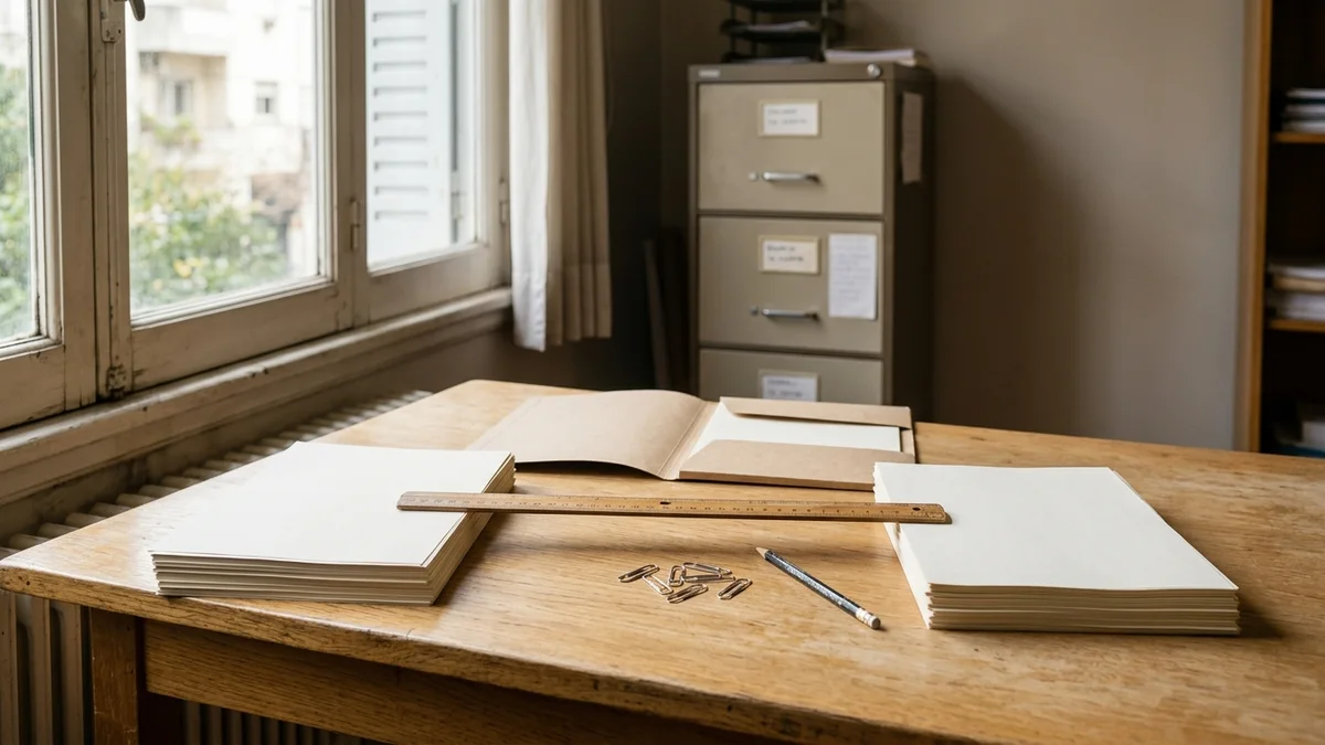 Escritorio de madera junto a una ventana, con dos pilas de hojas en blanco enfrentadas, una carpeta abierta y clips metálicos bajo luz natural.