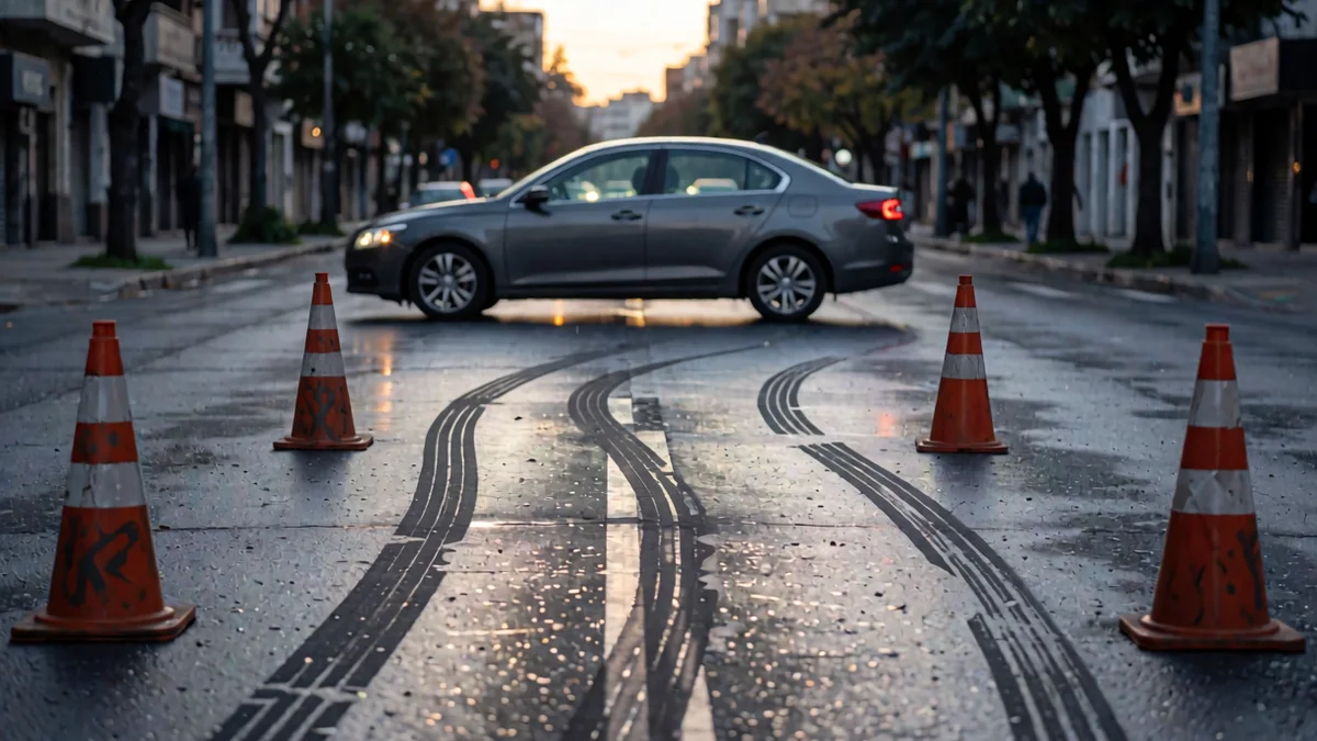 Marcas de frenada sobre el asfalto húmedo de una avenida al amanecer, rodeadas por conos naranjas, con un auto detenido y las balizas encendidas al fondo