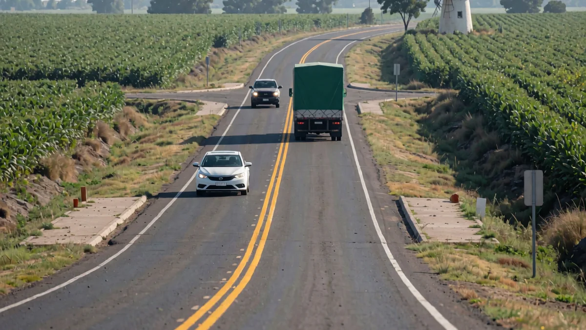 Sedán blanco que invade el carril contrario sobre la doble línea amarilla para adelantar a un camión con acoplado en una ruta rural santafesina