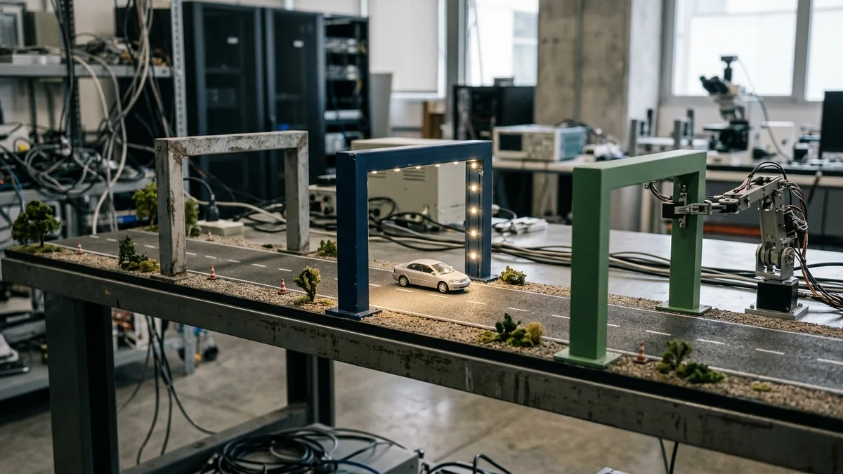 Auto a escala atraviesa tres arcos que representan hecho, carga y actualización