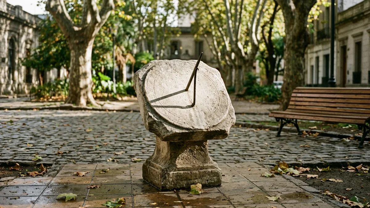 Reloj de sol de piedra gastada en una plaza arbolada, con la sombra del gnomon marcada por la luz lateral de la tarde.