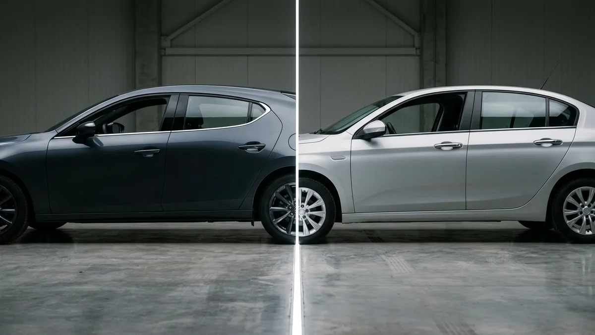 Dos autos genéricos de carrocerías diferentes comparados en un garaje